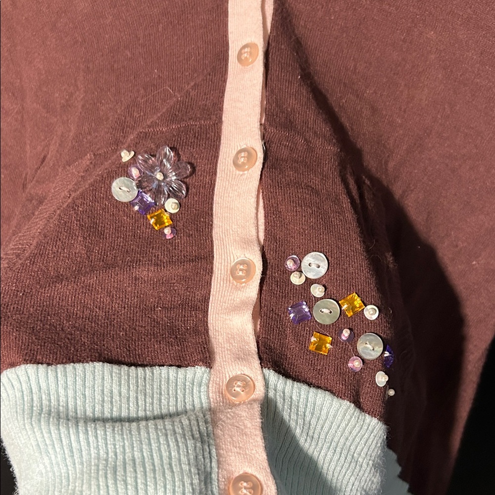 dELiA*s Brown, Pink and Light Blue Cardigan/Hoodie with Floral Beaded Detail - Picture 3 of 4